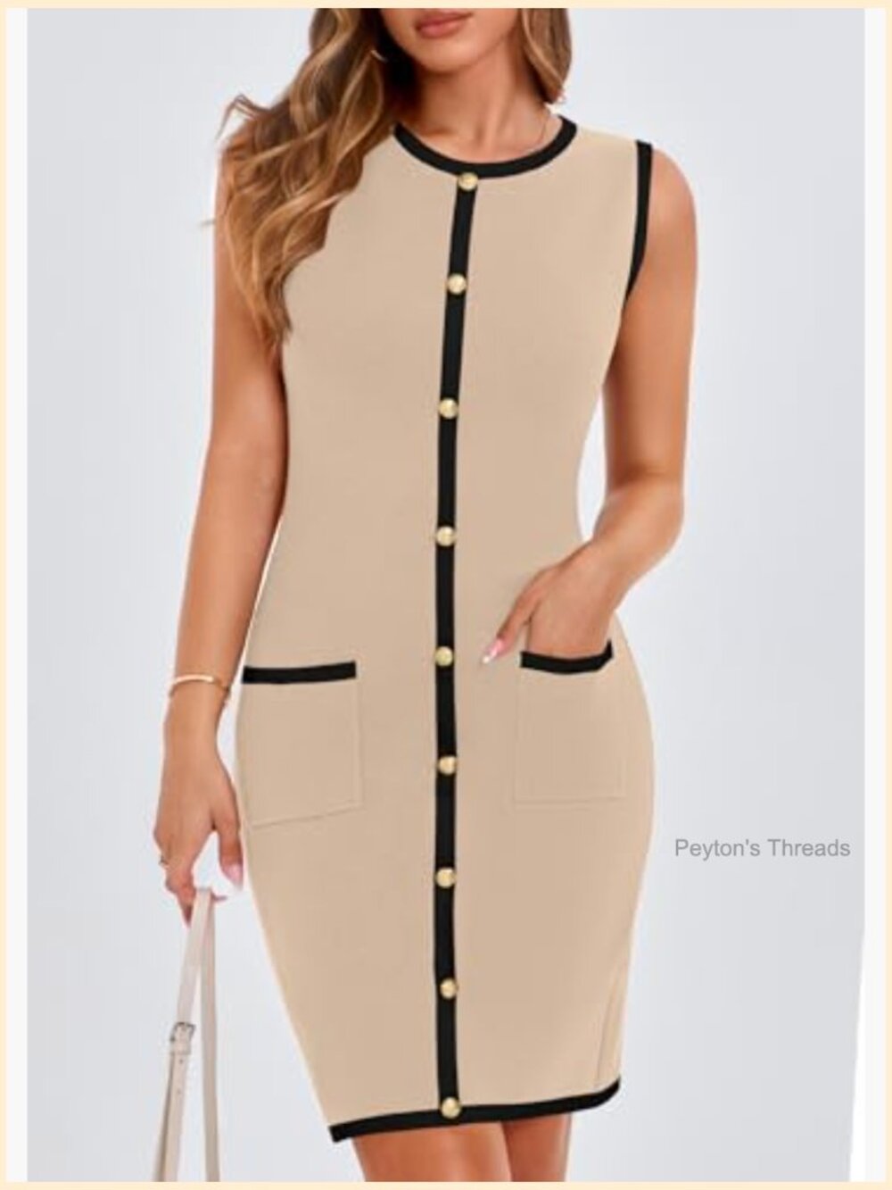 Sleeveless Crew Neck Knit Bodycon Mini Dress Patch Pockets Button Decor - Picture 3 of 7